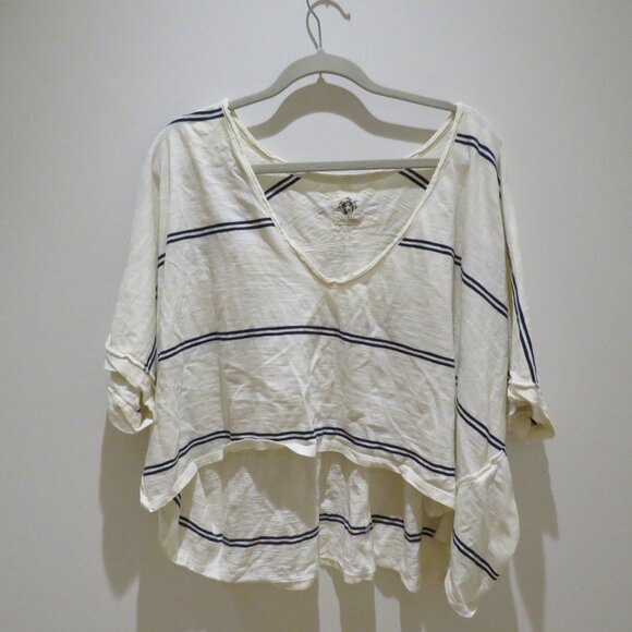 FREE PEOPLE WE THE FREE Jaydon V-Neck Boxy Oversized T Shirt White Black Stripe - Picture 2 of 13